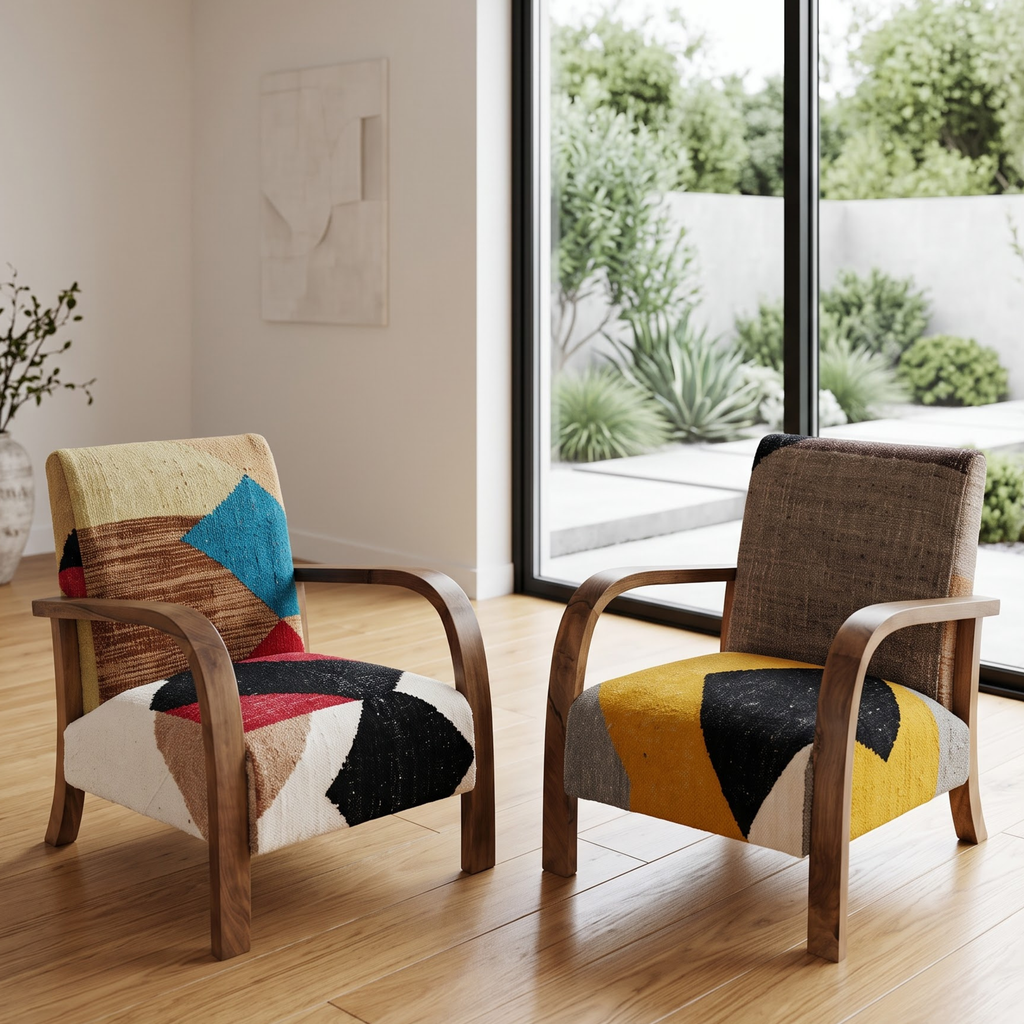 Handmade Moroccan Solid Walnut Armchair – Warm Color-Block Berber Kilim