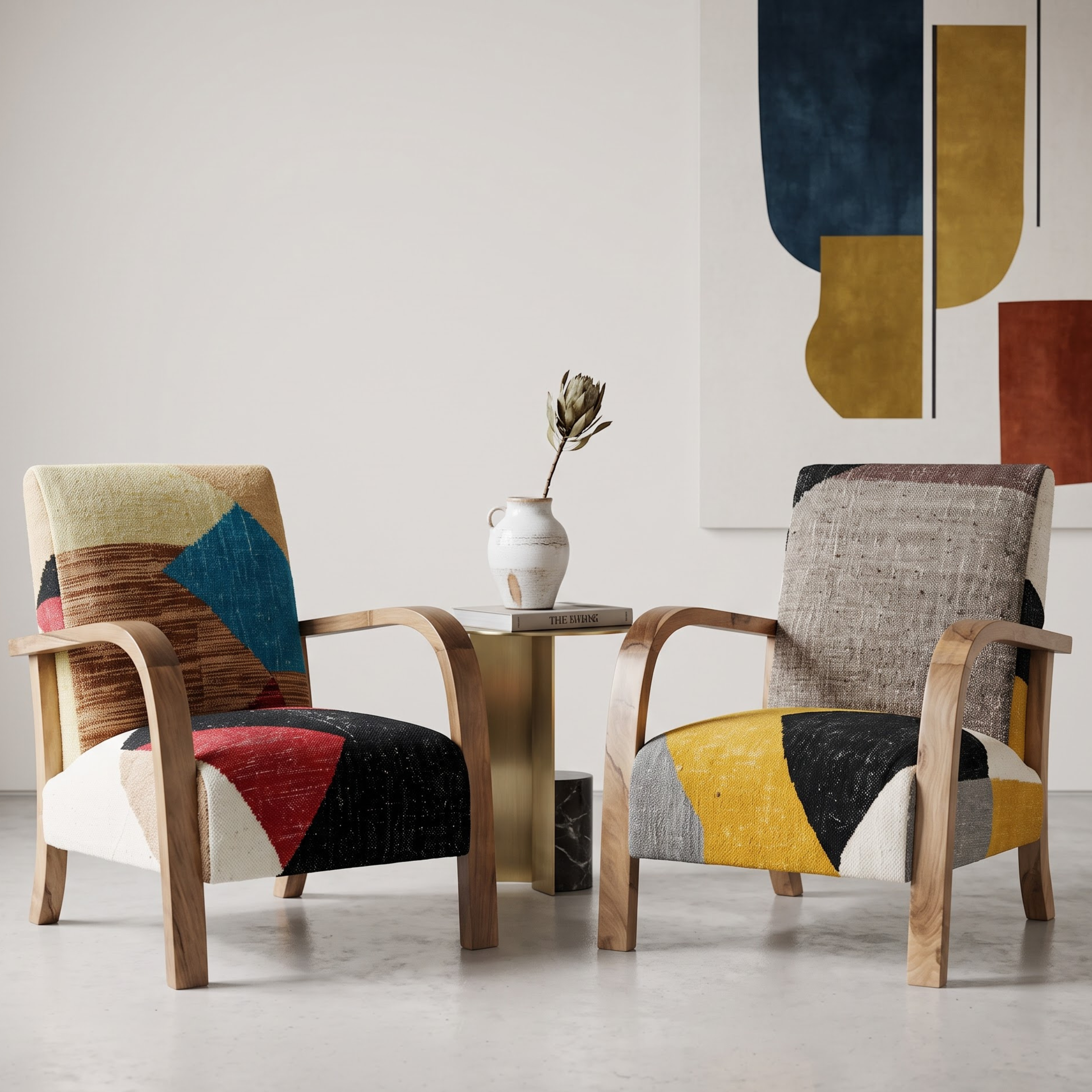 Handmade Moroccan Solid Walnut Armchair – Warm Color-Block Berber Kilim
