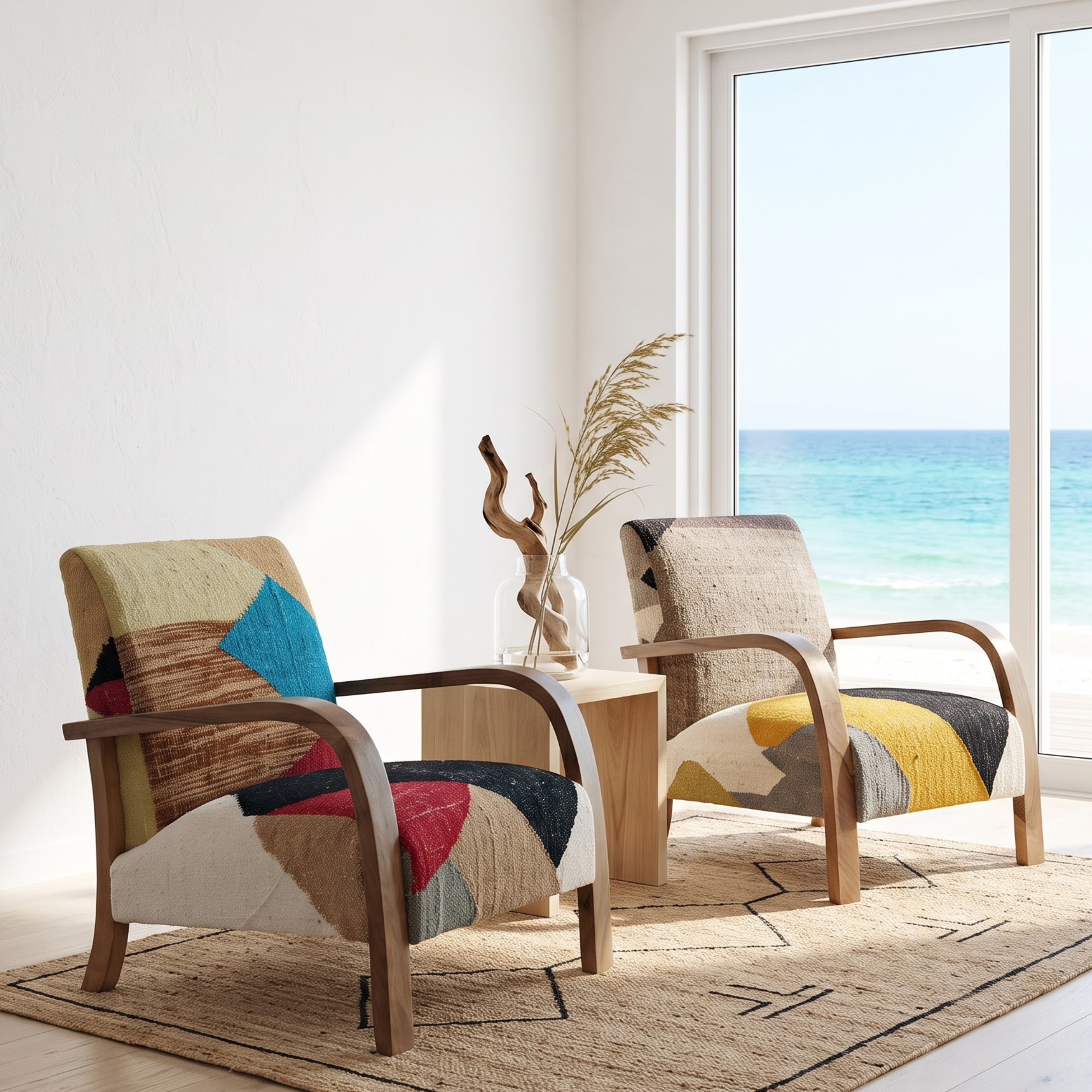 Handmade Moroccan Solid Walnut Armchair – Warm Color-Block Berber Kilim
