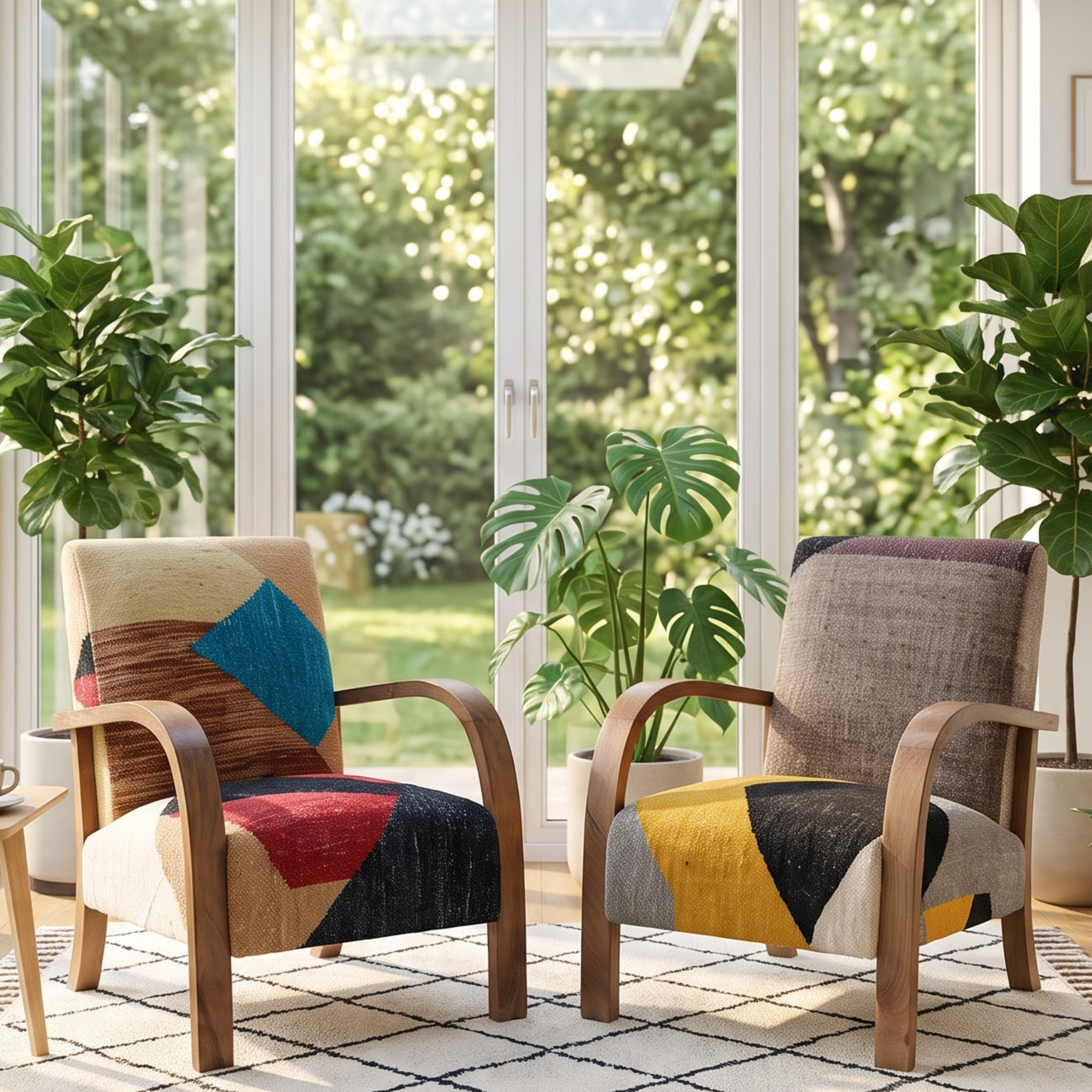 Handmade Moroccan Solid Walnut Armchair – Warm Color-Block Berber Kilim