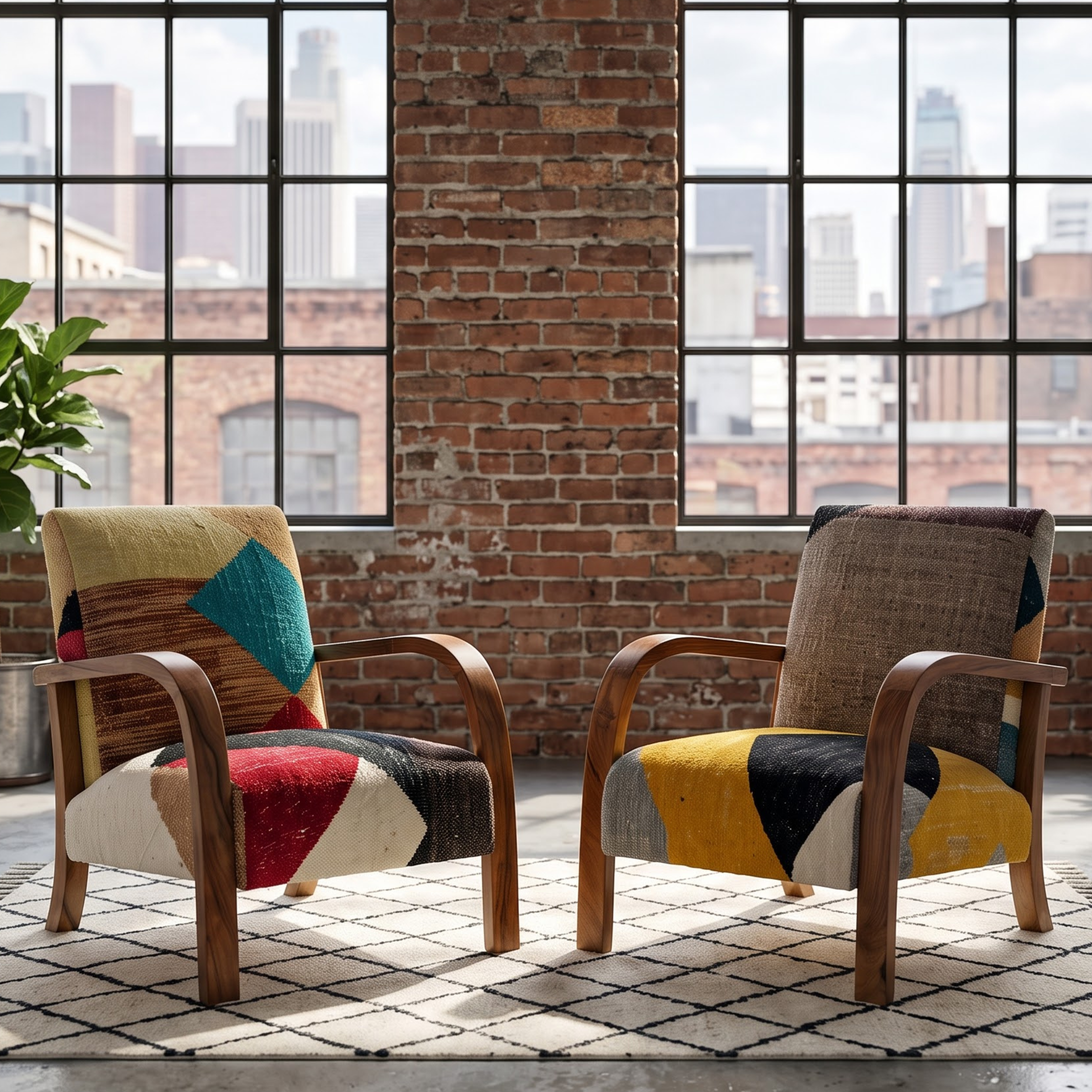 Handmade Moroccan Solid Walnut Armchair – Warm Color-Block Berber Kilim