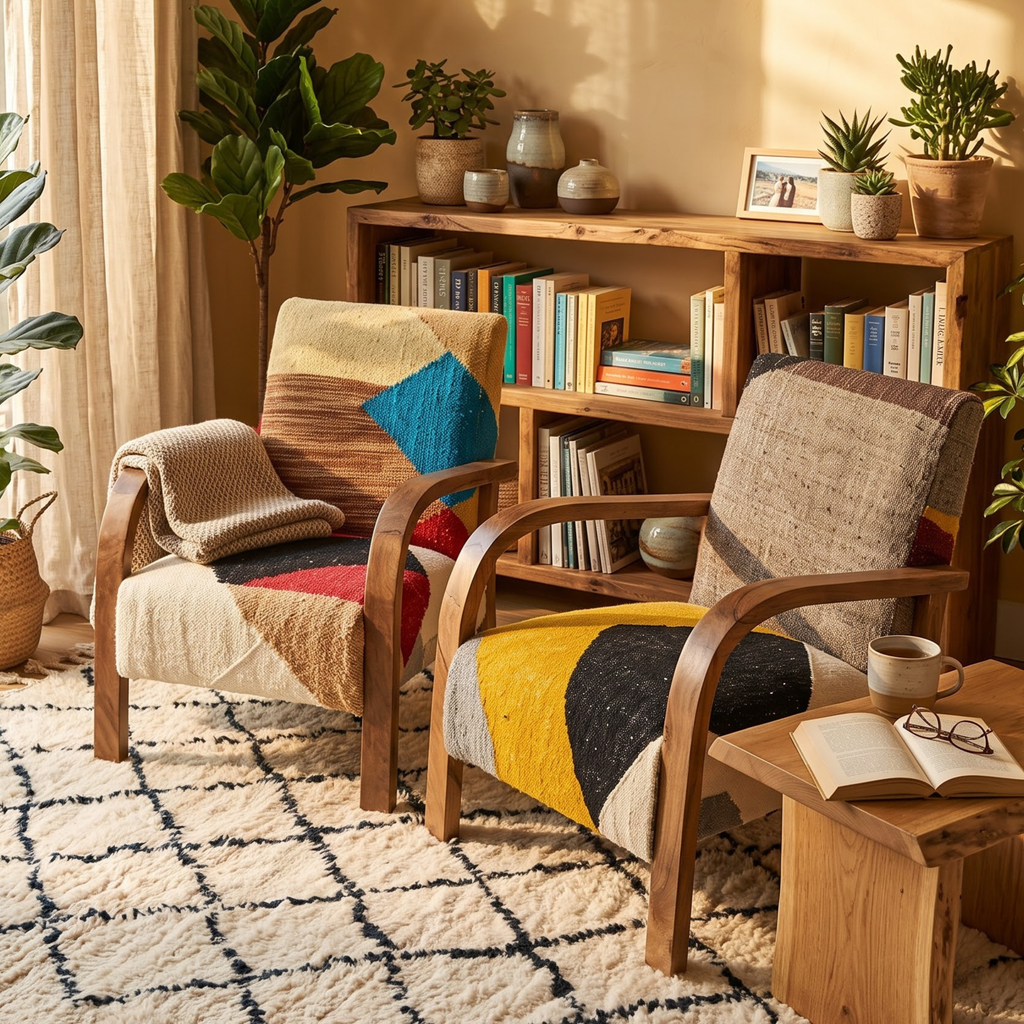 Handmade Moroccan Solid Walnut Armchair – Warm Color-Block Berber Kilim
