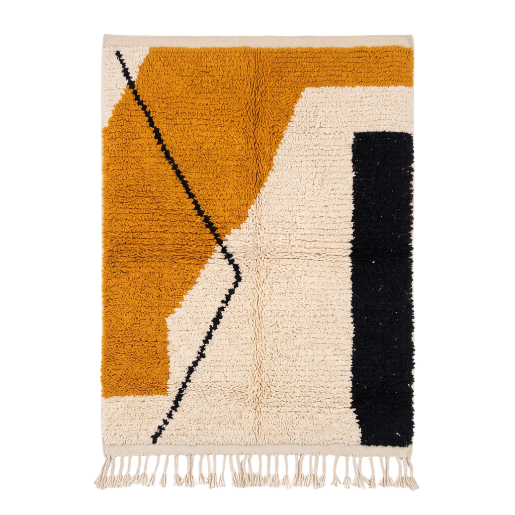 Handmade Moroccan Wool Rug Contemporary Azilal Style | Geometric Color Block in Mustard Ochre, Charcoal & Ivory Atlas Carpet
