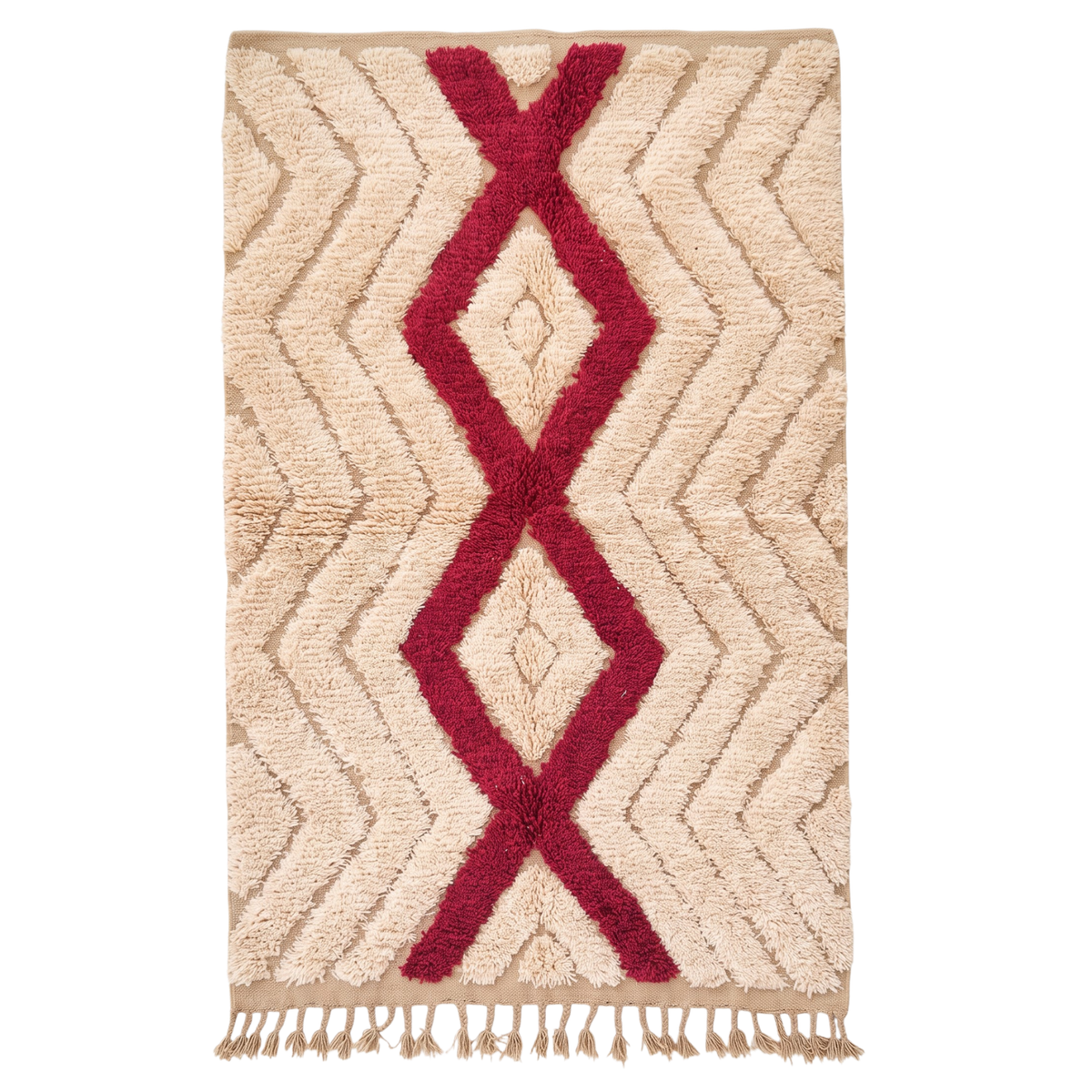 Handmade Moroccan Textured Wool Rug with Ruby Red Diamond | High-Low Atlas Berber Carpet