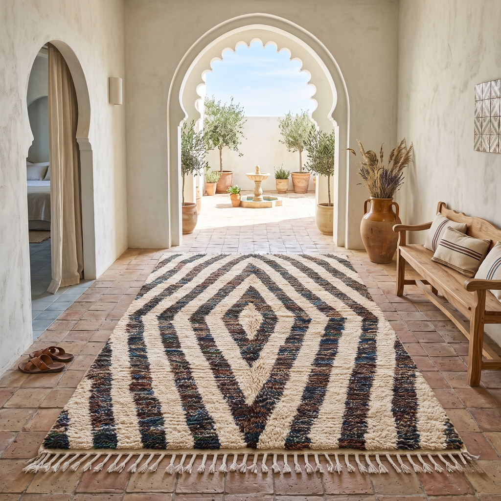 Handmade Moroccan Wool Rug Concentric Heathered Diamond Pattern | Natural Earth Tone Atlas Berber Carpet