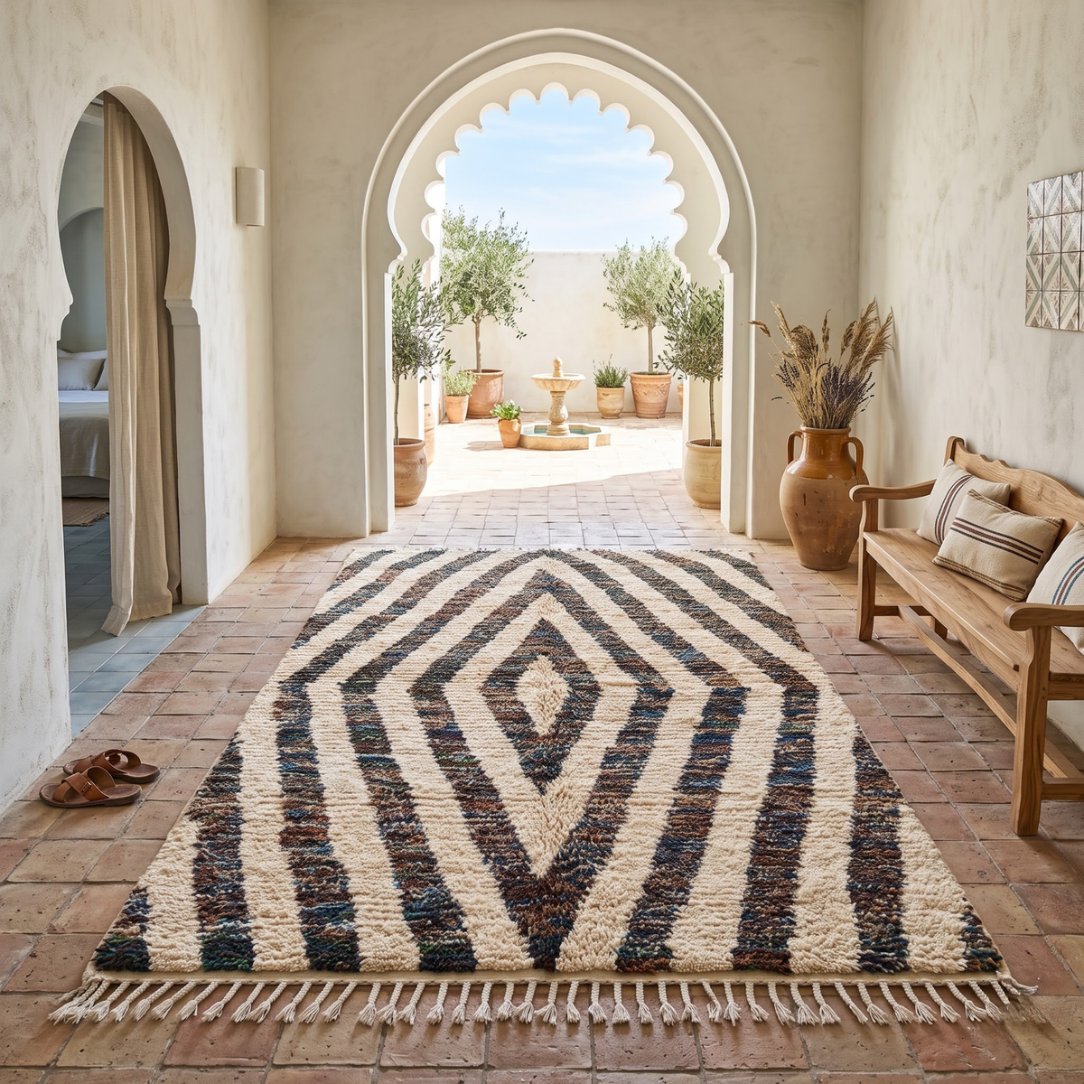 Handmade Moroccan Wool Rug Concentric Heathered Diamond Pattern | Natural Earth Tone Atlas Berber Carpet