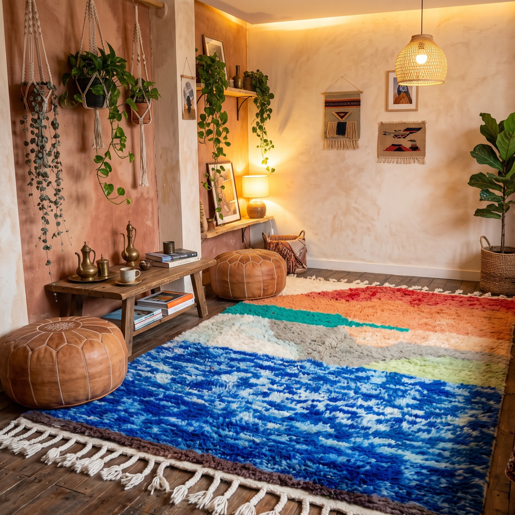 Handmade Moroccan Wool Rug Abstract Sunset Landscape | Artisanal Atlas Berber Shag Carpet