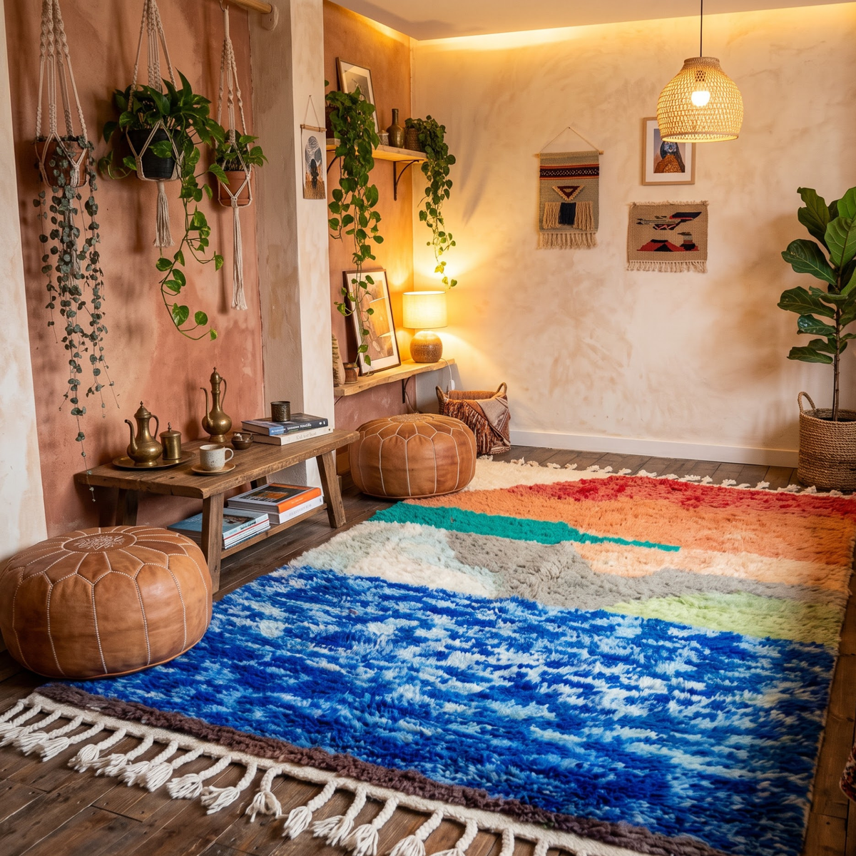 Handmade Moroccan Wool Rug Abstract Sunset Landscape | Artisanal Atlas Berber Shag Carpet