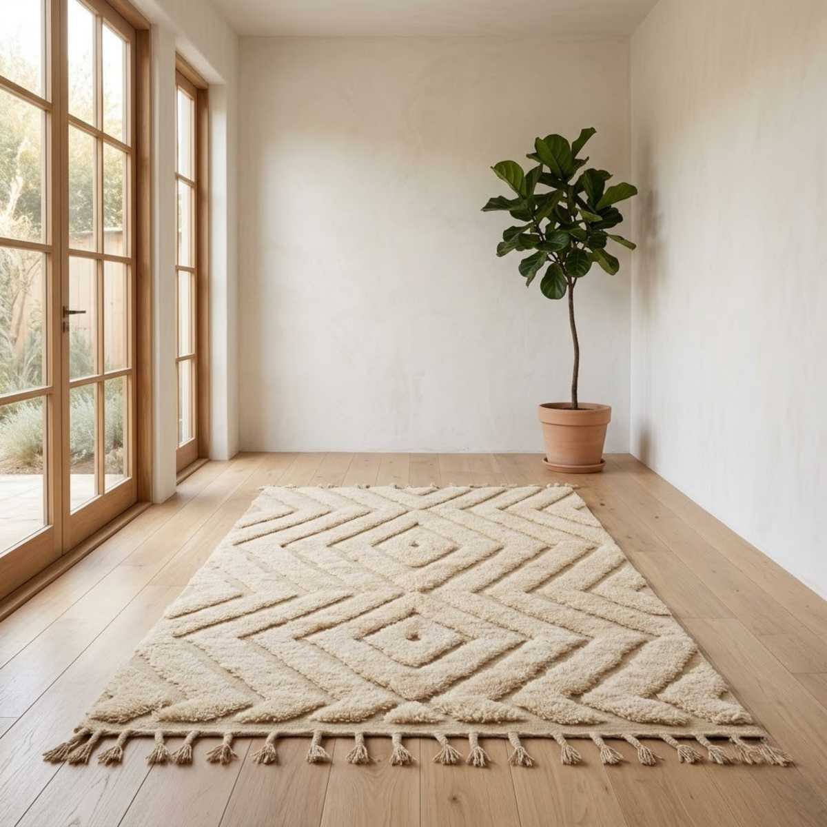 Handmade Moroccan Wool Rug Beni Ourain Style | High-Low 3D Textured Diamond & Chevron Pattern in Sand Beige