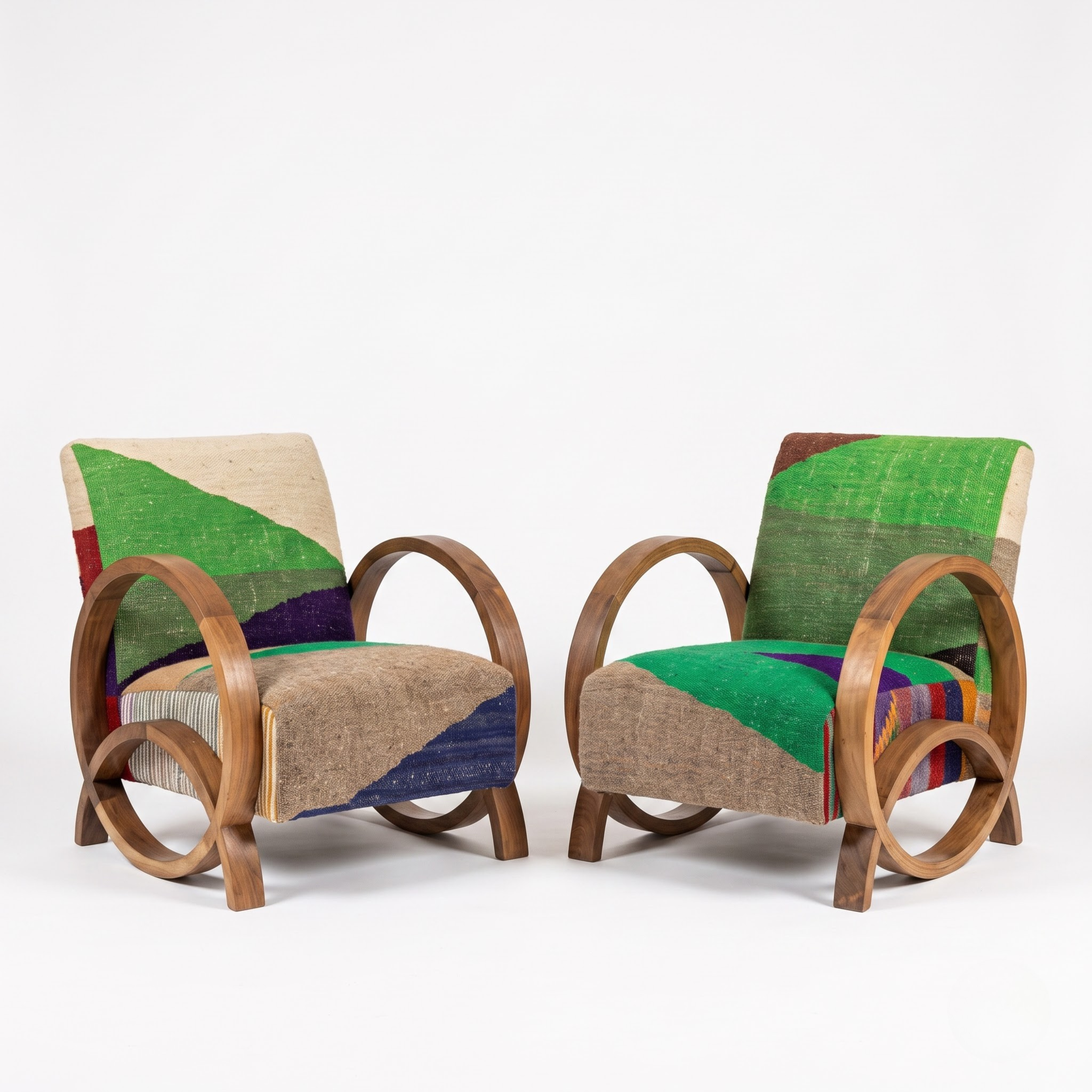 Handmade Moroccan Solid Walnut Bentwood Armchair – Emerald Green Kilim Fabric