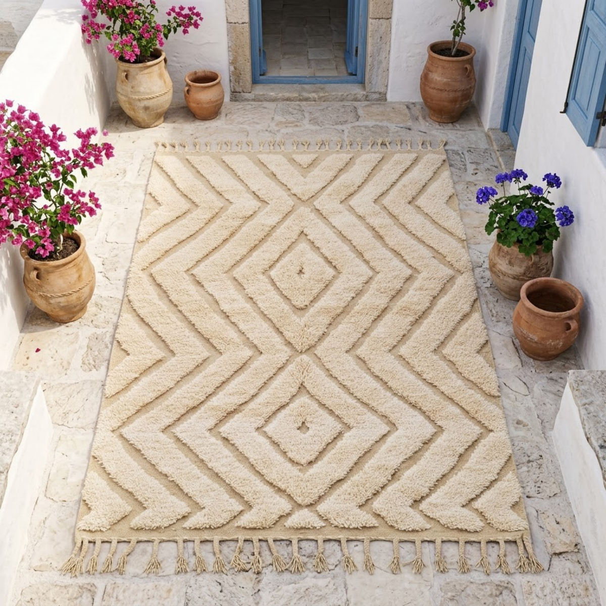 Handmade Moroccan Wool Rug Beni Ourain Style | High-Low 3D Textured Diamond & Chevron Pattern in Sand Beige
