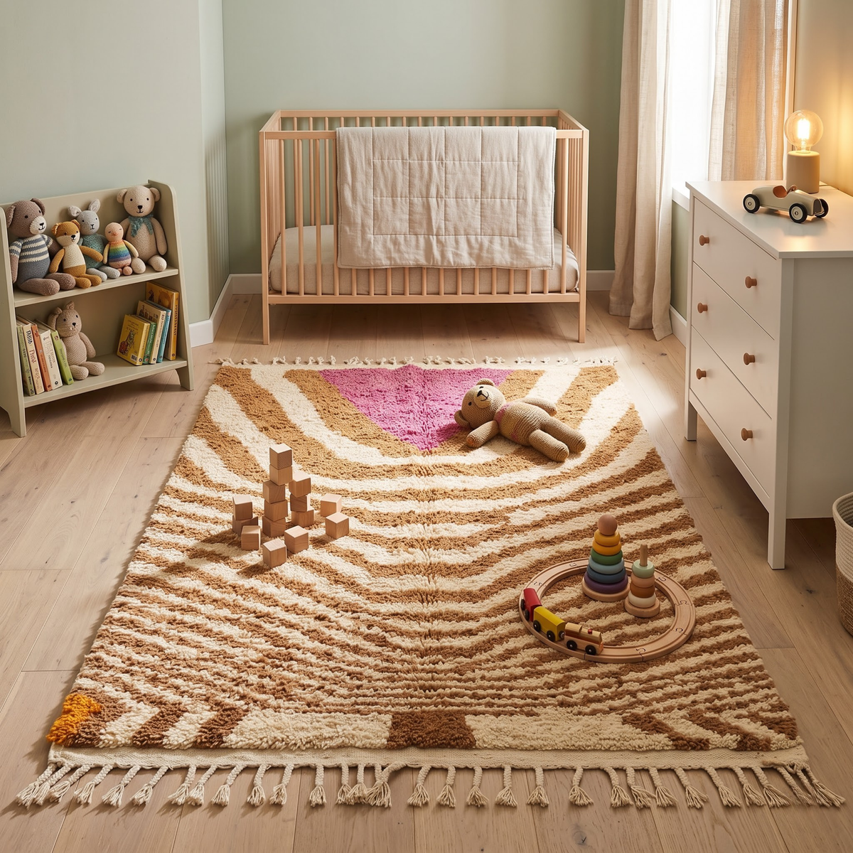 Handmade Moroccan Wool Rug Azilal Style | Caramel Wave Motif with Magenta Focal Point Atlas Carpet