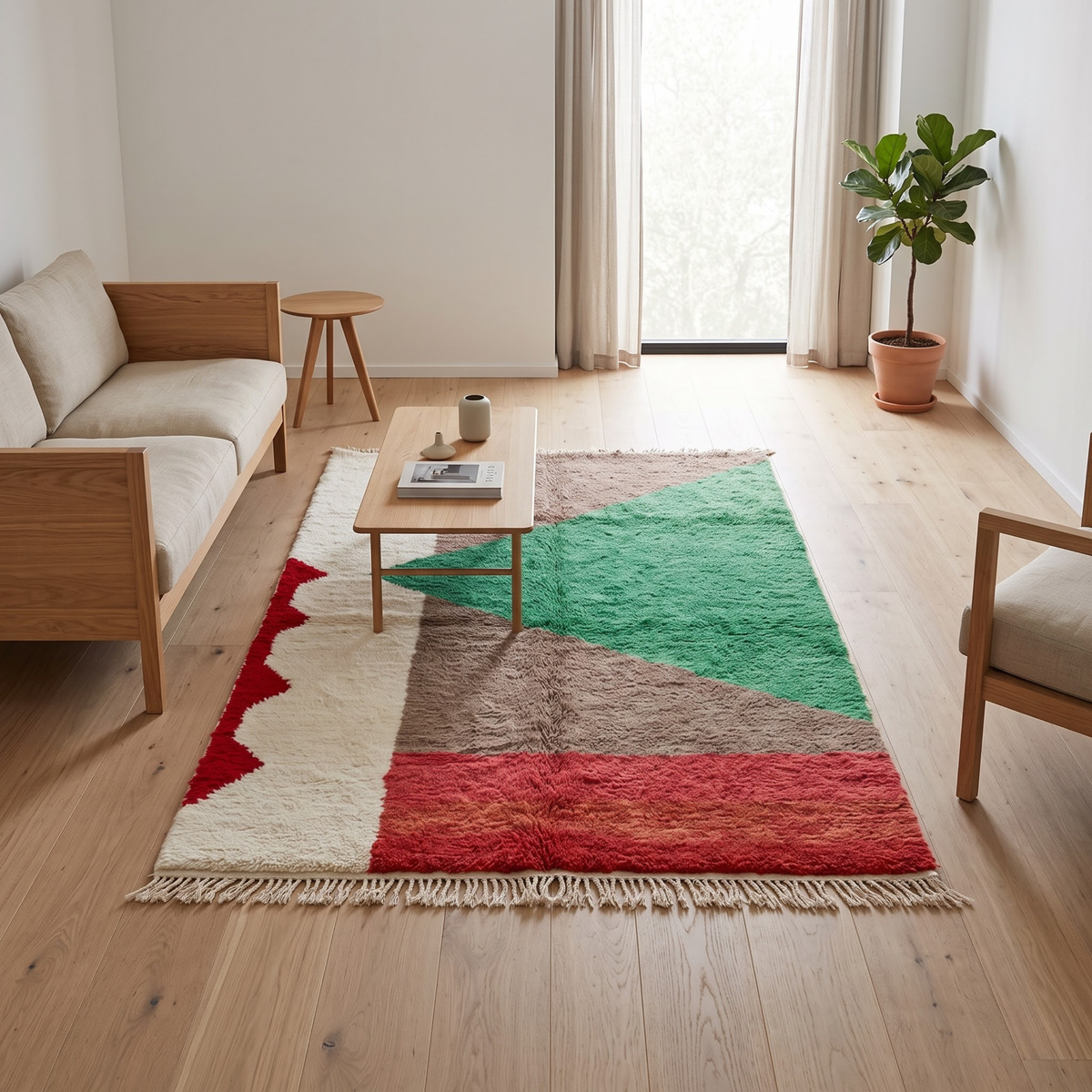 Handmade Moroccan Wool Rug Boujaad / Azilal Style | Abstract Color Block in Forest Green, Taupe & Terracotta Atlas Carpet