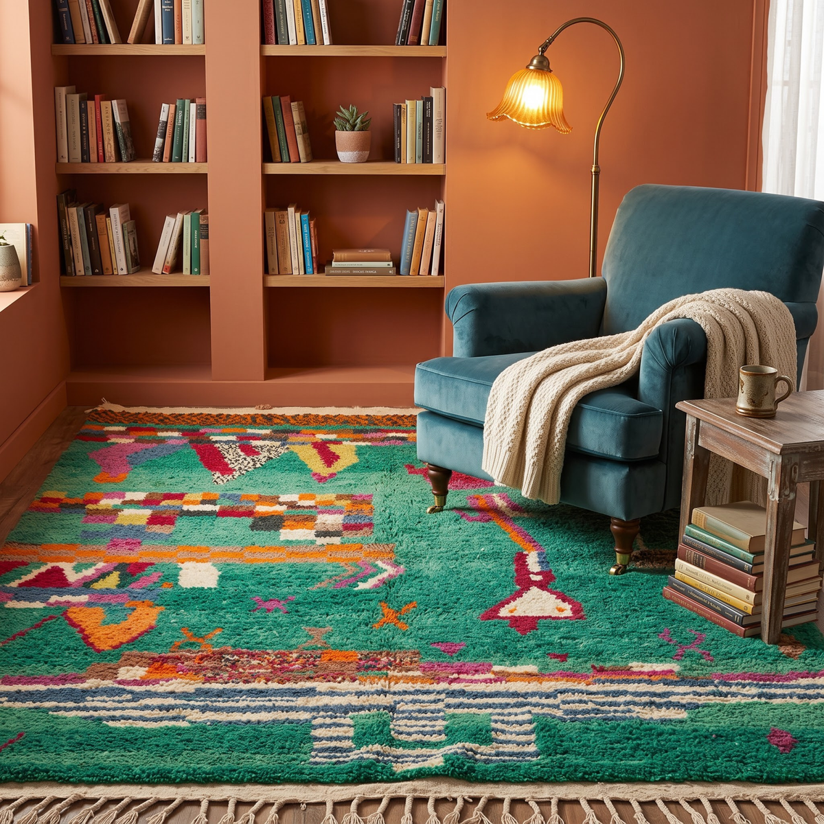 Handmade Moroccan Wool Rug Azilal Style | Emerald Green with Multicolor Tribal Berber Symbols Atlas Carpet