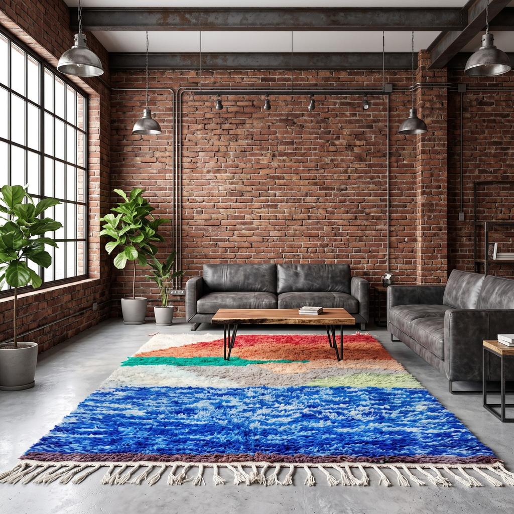 Handmade Moroccan Wool Rug Abstract Sunset Landscape | Artisanal Atlas Berber Shag Carpet