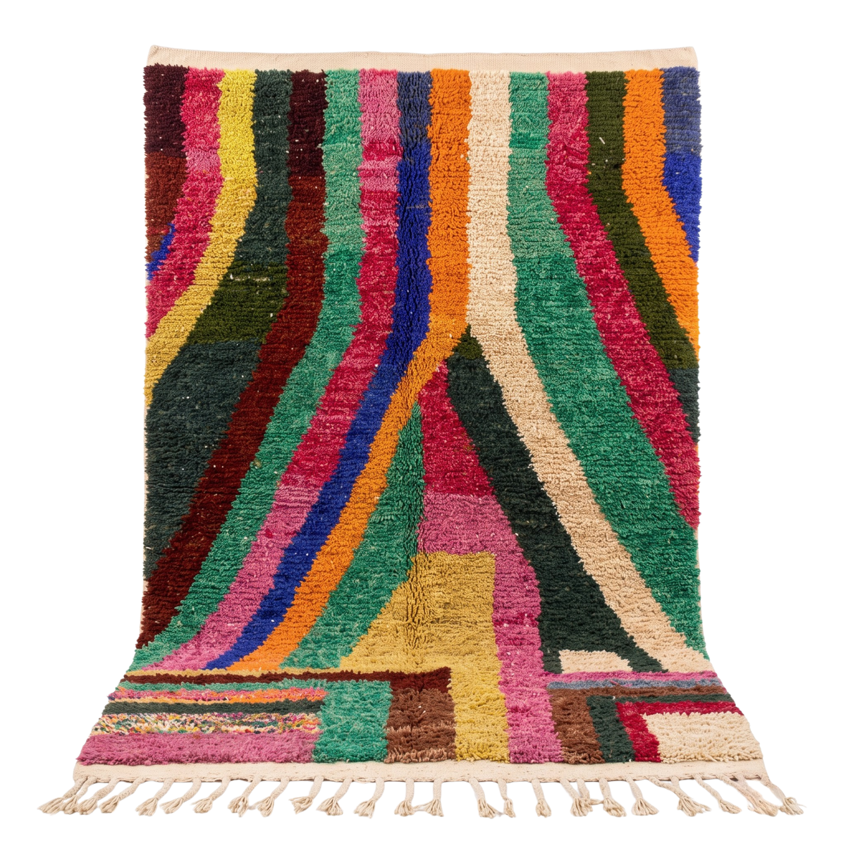 Handmade Moroccan Wool Rug Azilal Style | Vibrant Multicolor Striped & Color Block Atlas Carpet