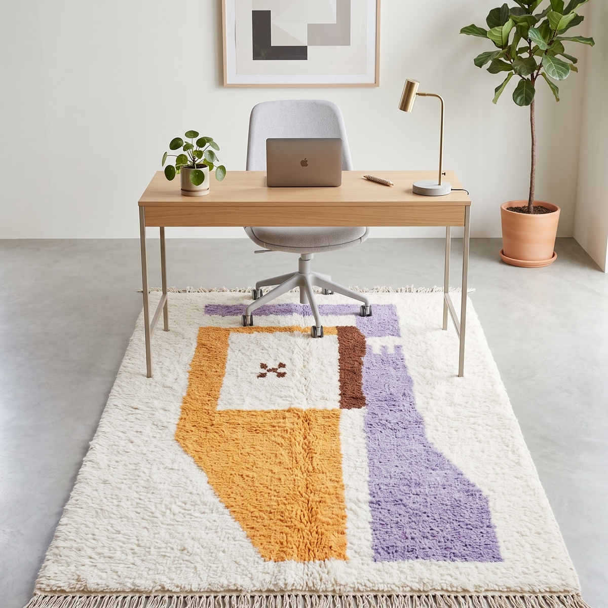 Handmade Moroccan Wool Rug Azilal Style | Abstract Minimalist Color Block in Lavender, Ochre & Cream Atlas Carpet