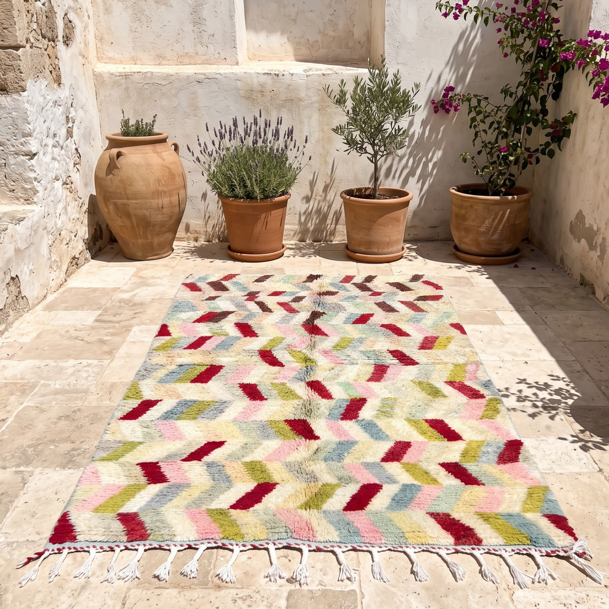 Handmade Moroccan Wool Rug Azilal / Boujaad Style | Multicolor Herringbone Chevron Pattern Atlas Carpet