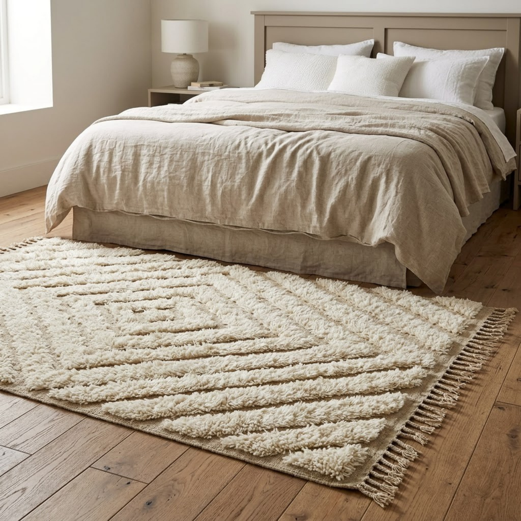 Handmade Moroccan Wool Rug Beni Ourain Style | High-Low 3D Concentric Diamond Pattern in Sand Beige & Ivory
