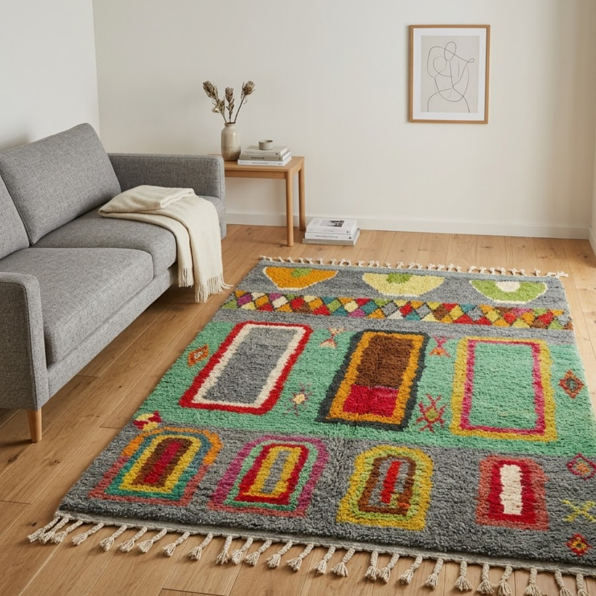 Handmade Moroccan Wool Rug Azilal Style | Architectural Portals & Arches in Slate Grey & Mint Green Atlas Carpet