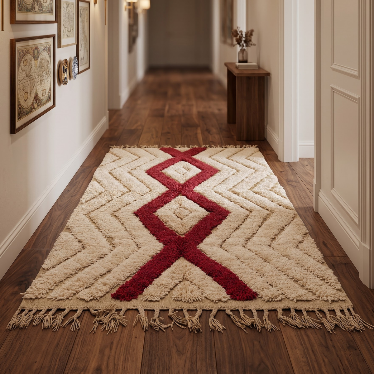 Handmade Moroccan Textured Wool Rug with Ruby Red Diamond | High-Low Atlas Berber Carpet