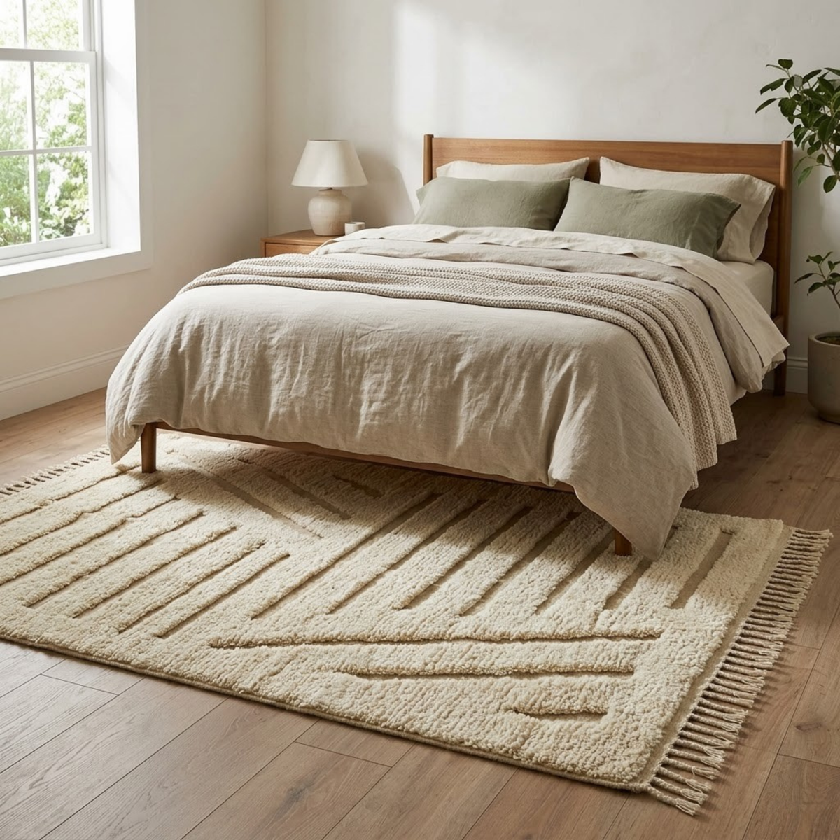 Handmade Moroccan Wool Rug Beni Ourain Style | High-Low 3D Geometric Linear Pattern in Cream & Sand