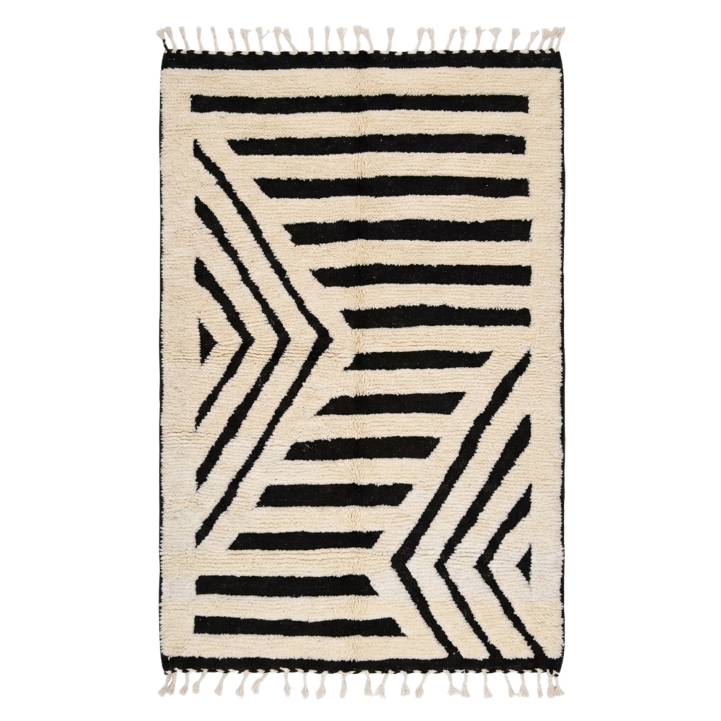 Handmade Moroccan Wool Rug Contemporary Beni Ourain Style | Black & White Striped Chevron Geometric Atlas Carpet