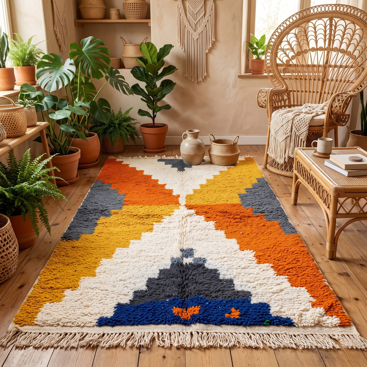 Handmade Moroccan Wool Rug Azilal Style | Stepped Geometric Diamond in Terracotta, Mustard & Slate Grey Atlas Carpet