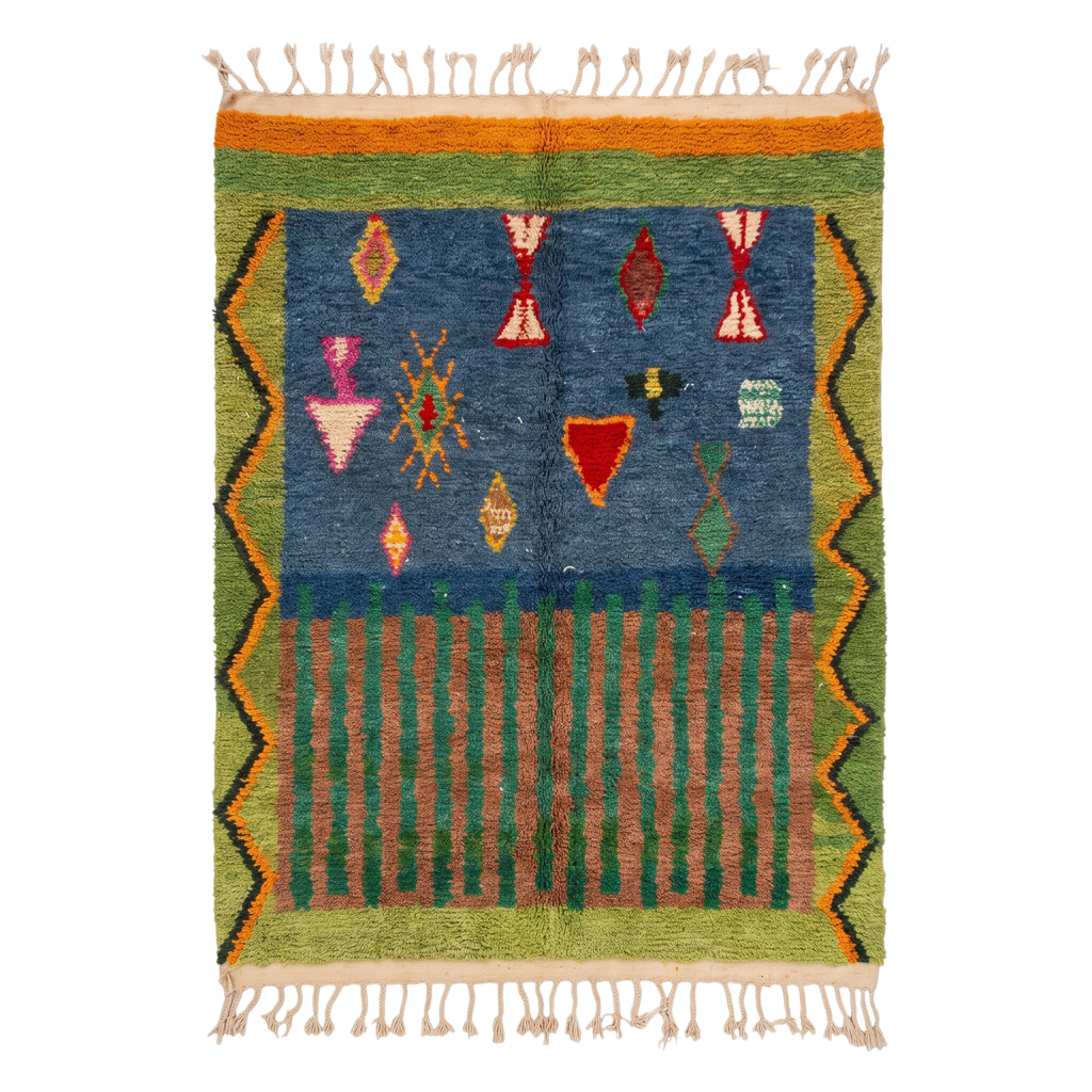 Handmade Moroccan Wool Rug Azilal Style | Starry Atlas Night Sky with Tribal Symbols in Indigo & Green