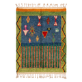 Handmade Moroccan Wool Rug Azilal Style | Starry Atlas Night Sky with Tribal Symbols in Indigo & Green