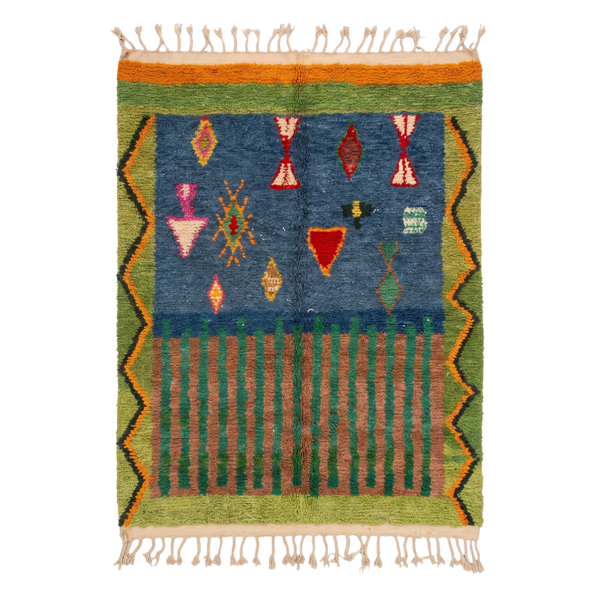 Handmade Moroccan Wool Rug Azilal Style | Starry Atlas Night Sky with Tribal Symbols in Indigo & Green