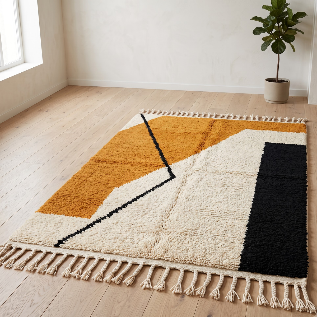 Handmade Moroccan Wool Rug Contemporary Azilal Style | Geometric Color Block in Mustard Ochre, Charcoal & Ivory Atlas Carpet