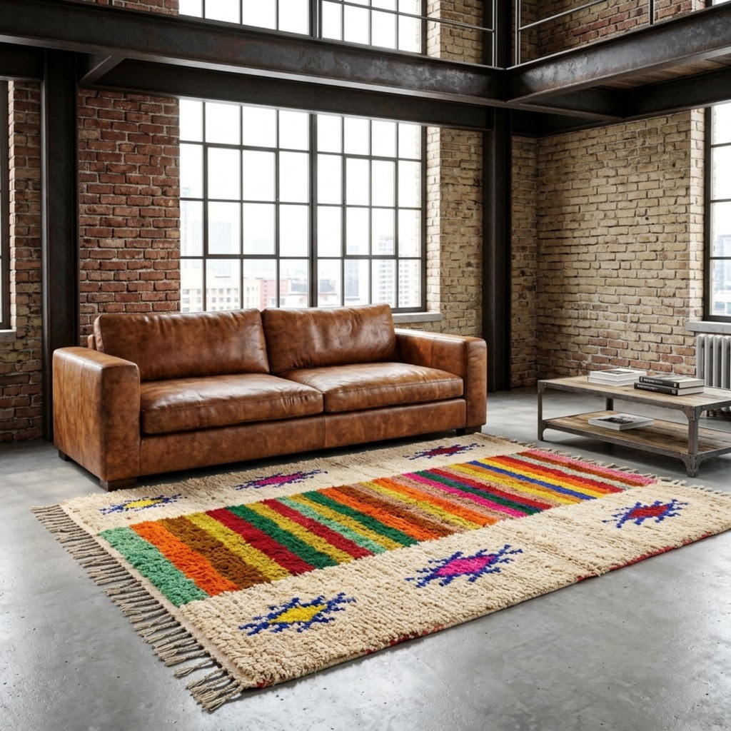 Handmade Moroccan Wool Rug Azilal Style | Multicolor Striped Center & Protective Talismans on Sand Atlas Carpet