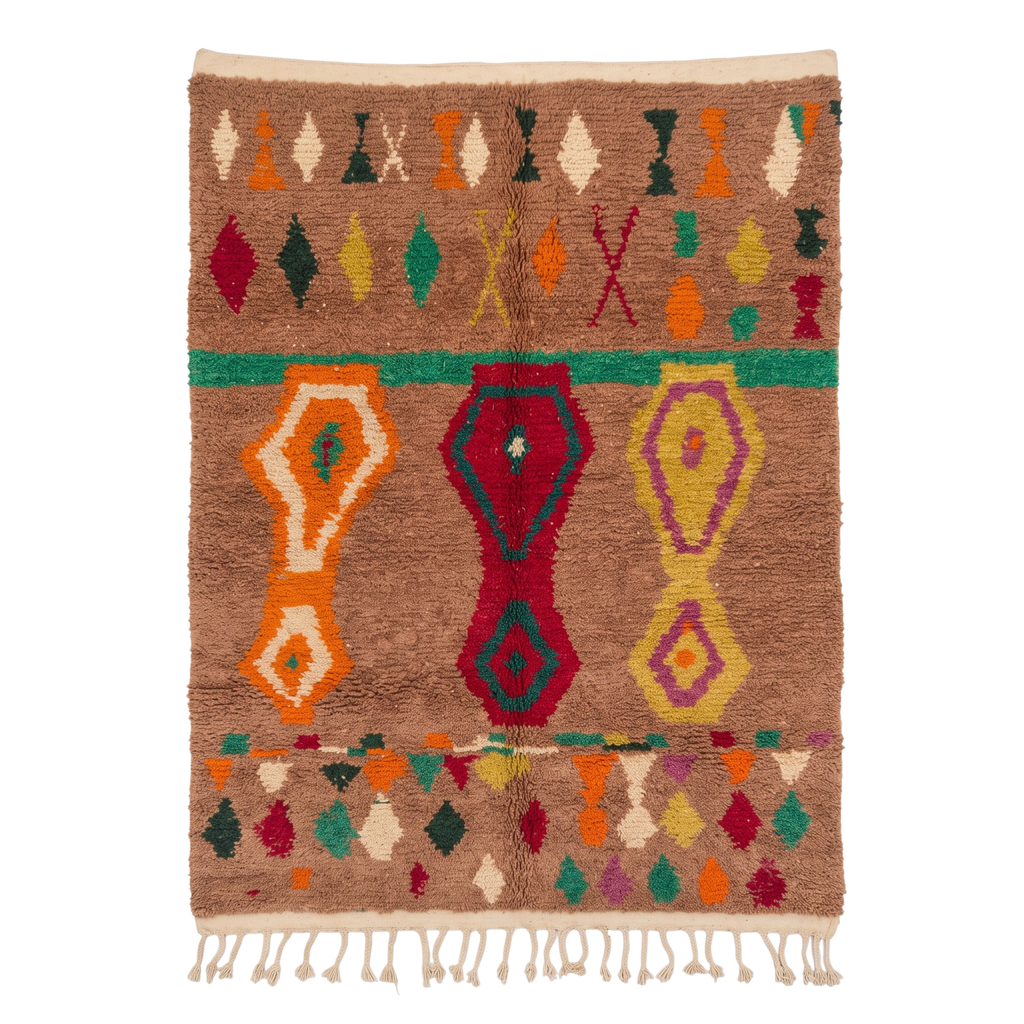 Handmade Moroccan Wool Rug Azilal / Boujaad Style | Mocha Brown Field with Tribal Urn & Talisman Motifs Atlas Carpet