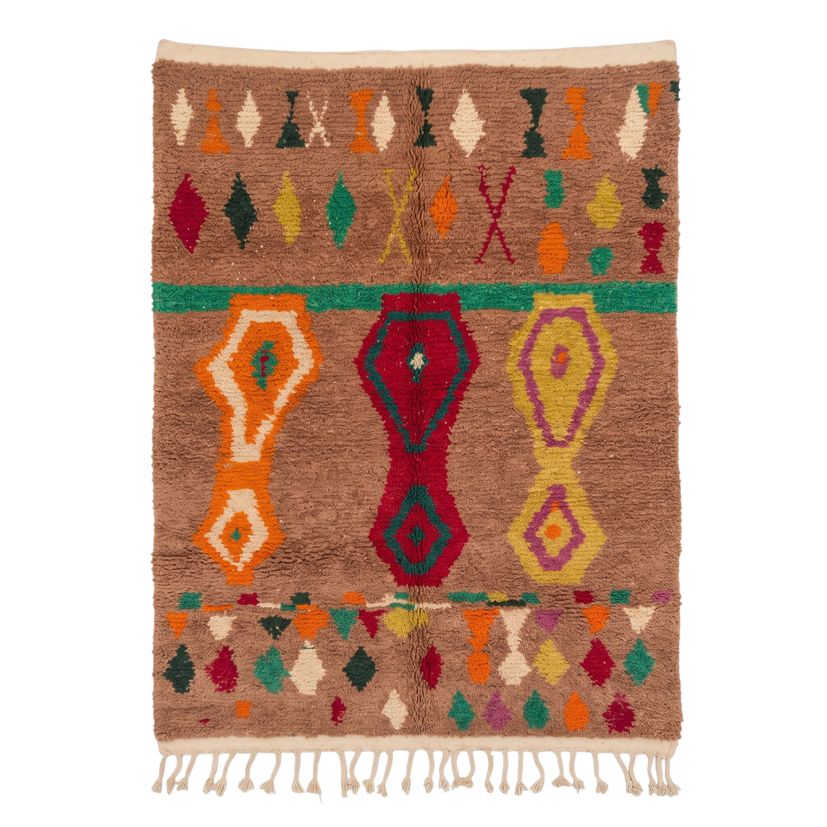 Handmade Moroccan Wool Rug Azilal / Boujaad Style | Mocha Brown Field with Tribal Urn & Talisman Motifs Atlas Carpet