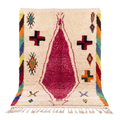 Handmade Moroccan Wool Rug Azilal Style | Magenta Centerpiece & Tribal Cross Symbols on Cream Atlas Carpet