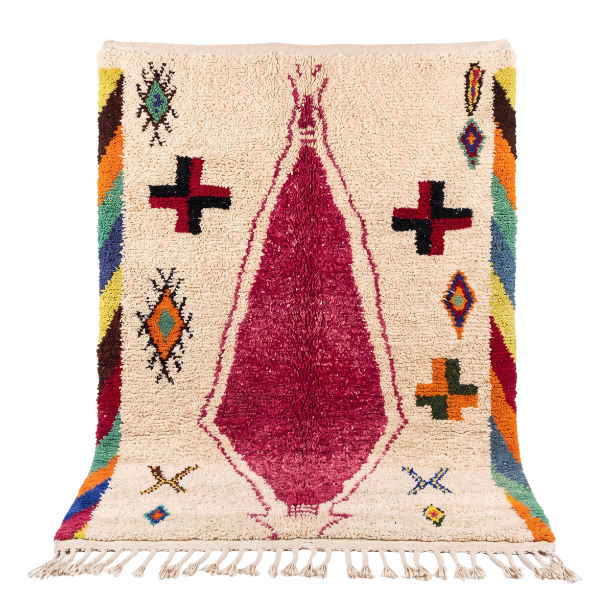 Handmade Moroccan Wool Rug Azilal Style | Magenta Centerpiece & Tribal Cross Symbols on Cream Atlas Carpet