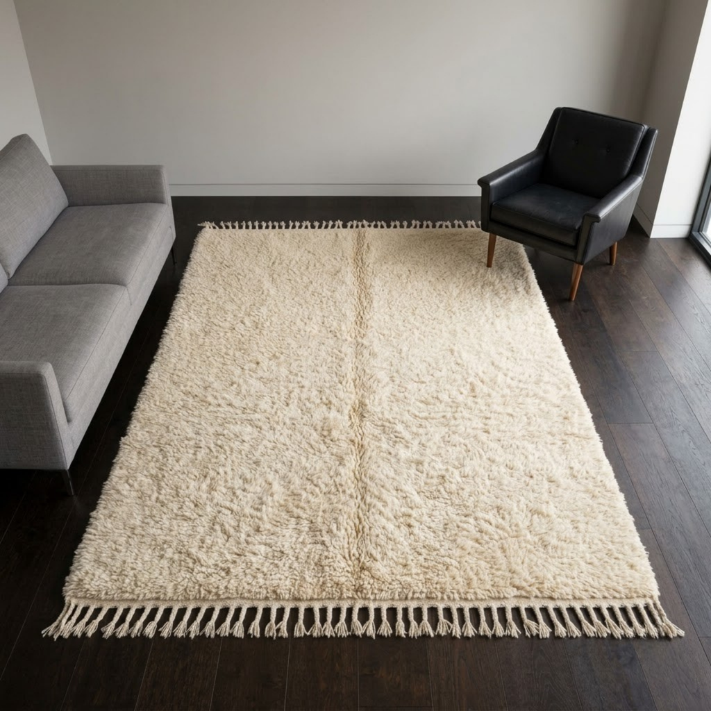 Handmade Moroccan Wool Rug Plain Beni Ourain Style | Solid Natural Sand & Cream High-Pile Atlas Carpet