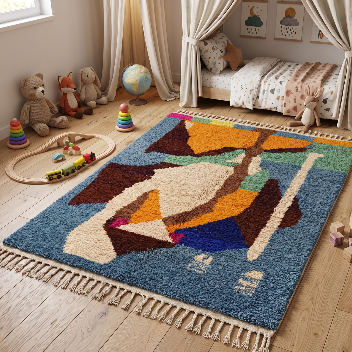Handmade Moroccan Wool Rug Azilal Style | Abstract Cubist Art Composition in Denim Blue, Ochre & Sage Atlas Carpet