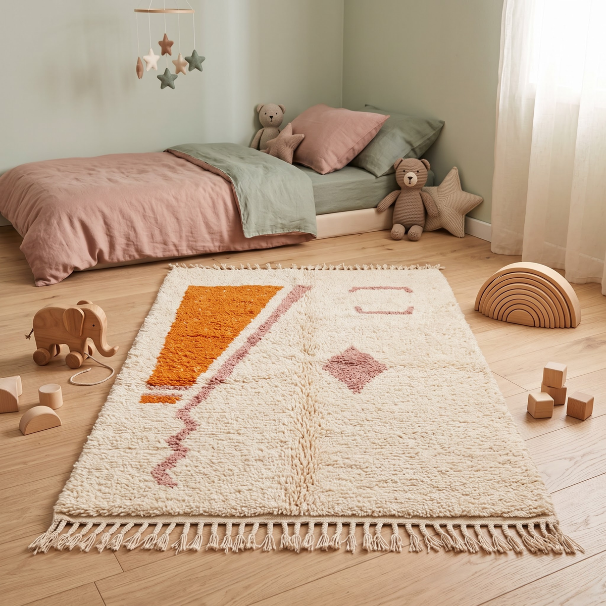 Handmade Moroccan Wool Rug Minimalist Azilal Style | Abstract Geometric Motifs in Terracotta & Dusty Pink Atlas Carpet