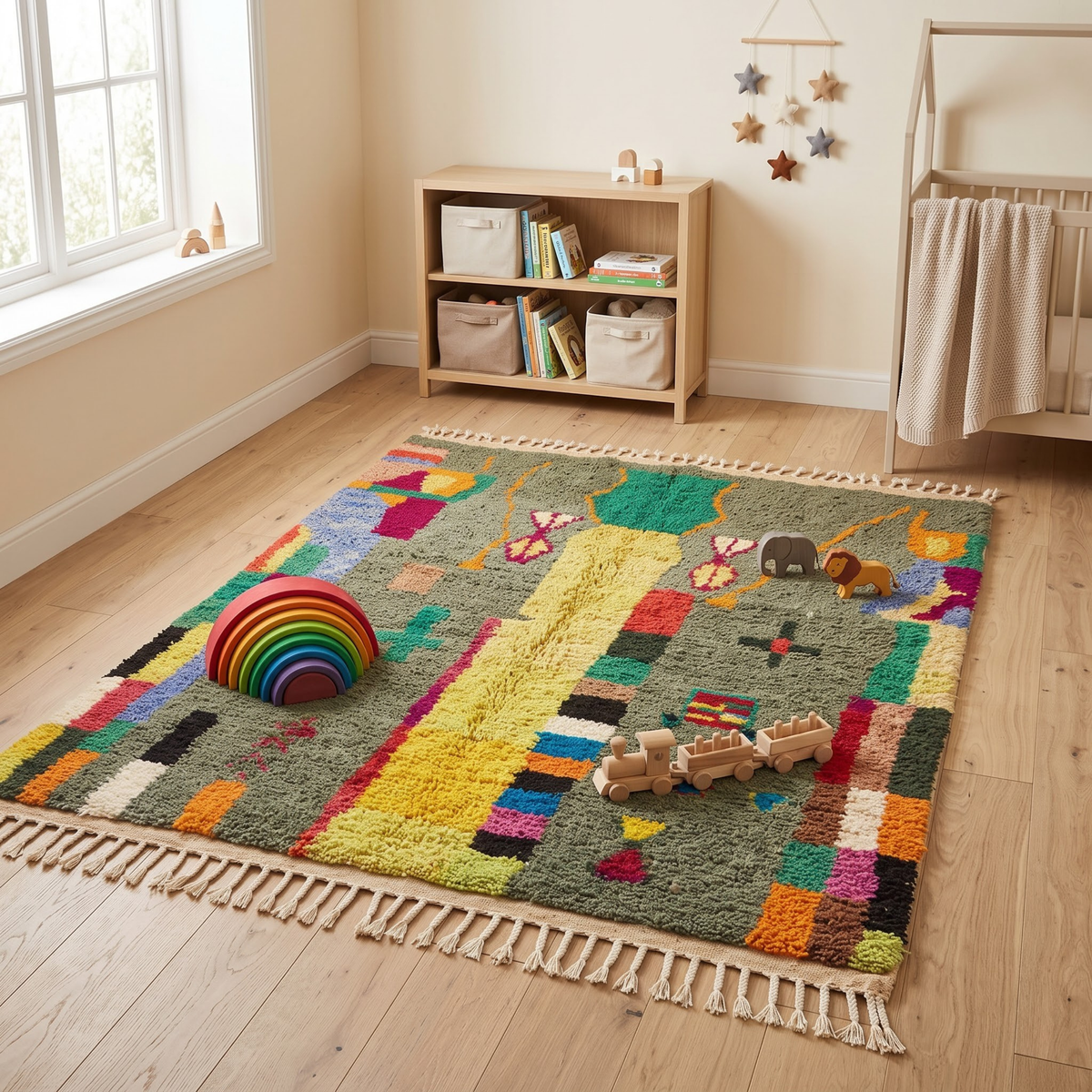 Handmade Moroccan Wool Rug Azilal Style | Sage Olive Green with Tree of Life & Berber Motifs Atlas Carpet