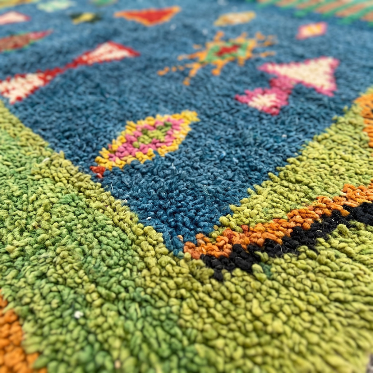 Handmade Moroccan Wool Rug Azilal Style | Starry Atlas Night Sky with Tribal Symbols in Indigo & Green