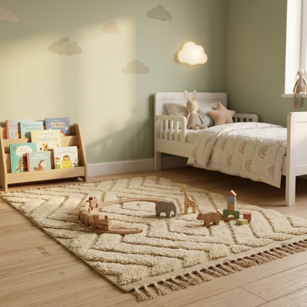 Handmade Moroccan Wool Rug Beni Ourain Style | High-Low 3D Textured Diamond & Chevron Pattern in Sand Beige