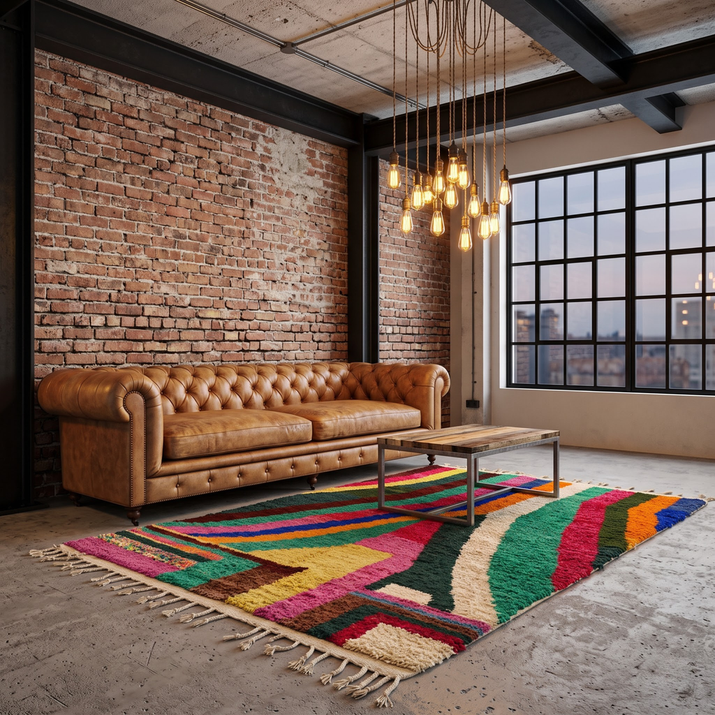Handmade Moroccan Wool Rug Azilal Style | Vibrant Multicolor Striped & Color Block Atlas Carpet