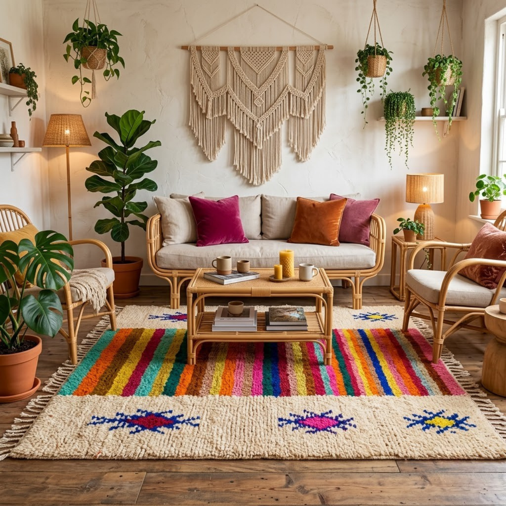 Handmade Moroccan Wool Rug Azilal Style | Multicolor Striped Center & Protective Talismans on Sand Atlas Carpet