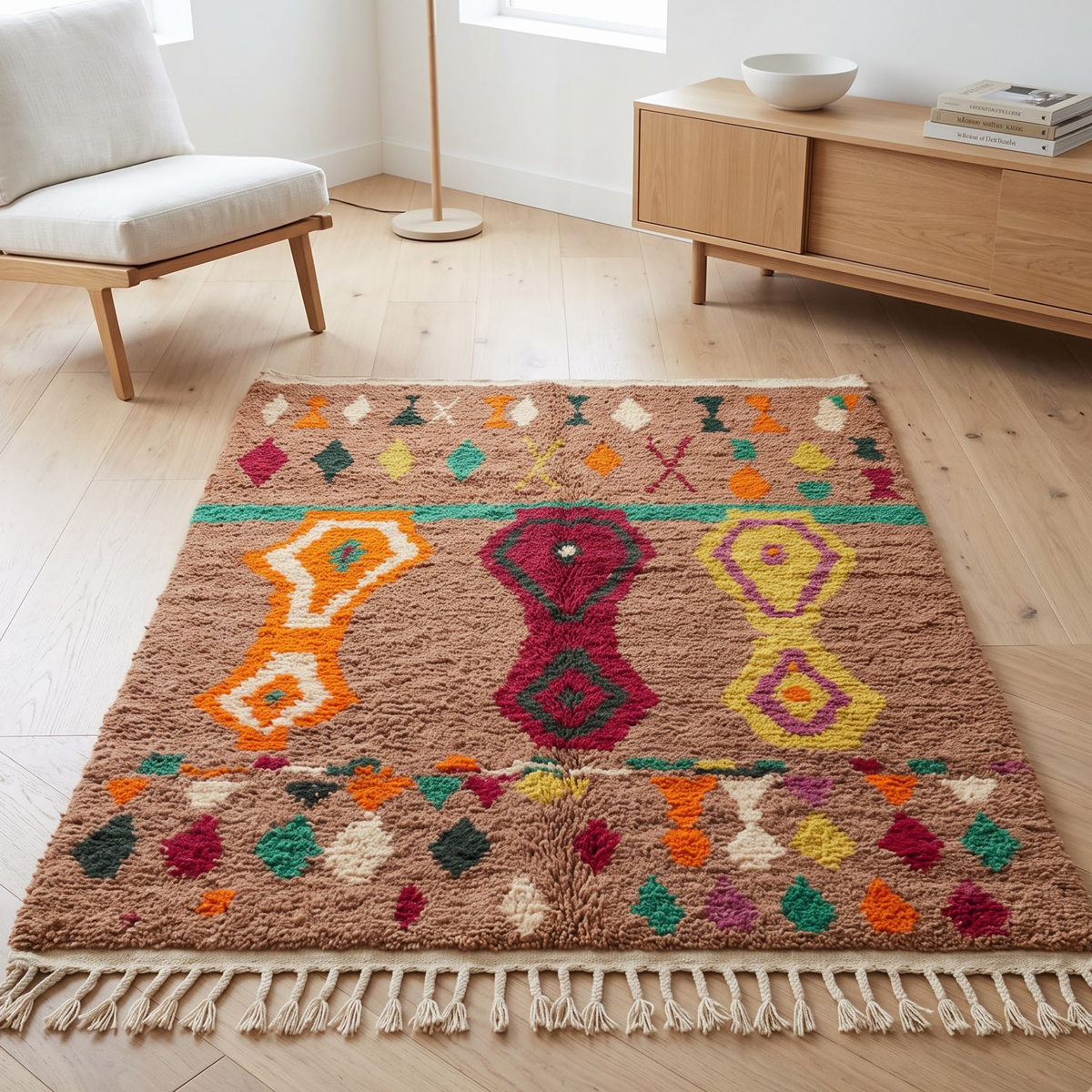 Handmade Moroccan Wool Rug Azilal / Boujaad Style | Mocha Brown Field with Tribal Urn & Talisman Motifs Atlas Carpet