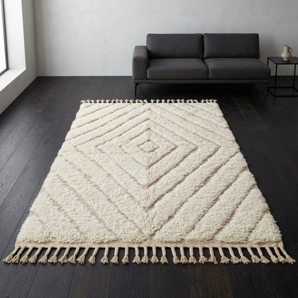 Handmade Moroccan Wool Rug Beni Ourain Style | High-Low 3D Concentric Diamond Pattern in Sand Beige & Ivory