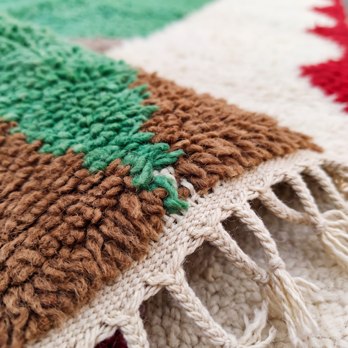 Handmade Moroccan Wool Rug Boujaad / Azilal Style | Abstract Color Block in Forest Green, Taupe & Terracotta Atlas Carpet