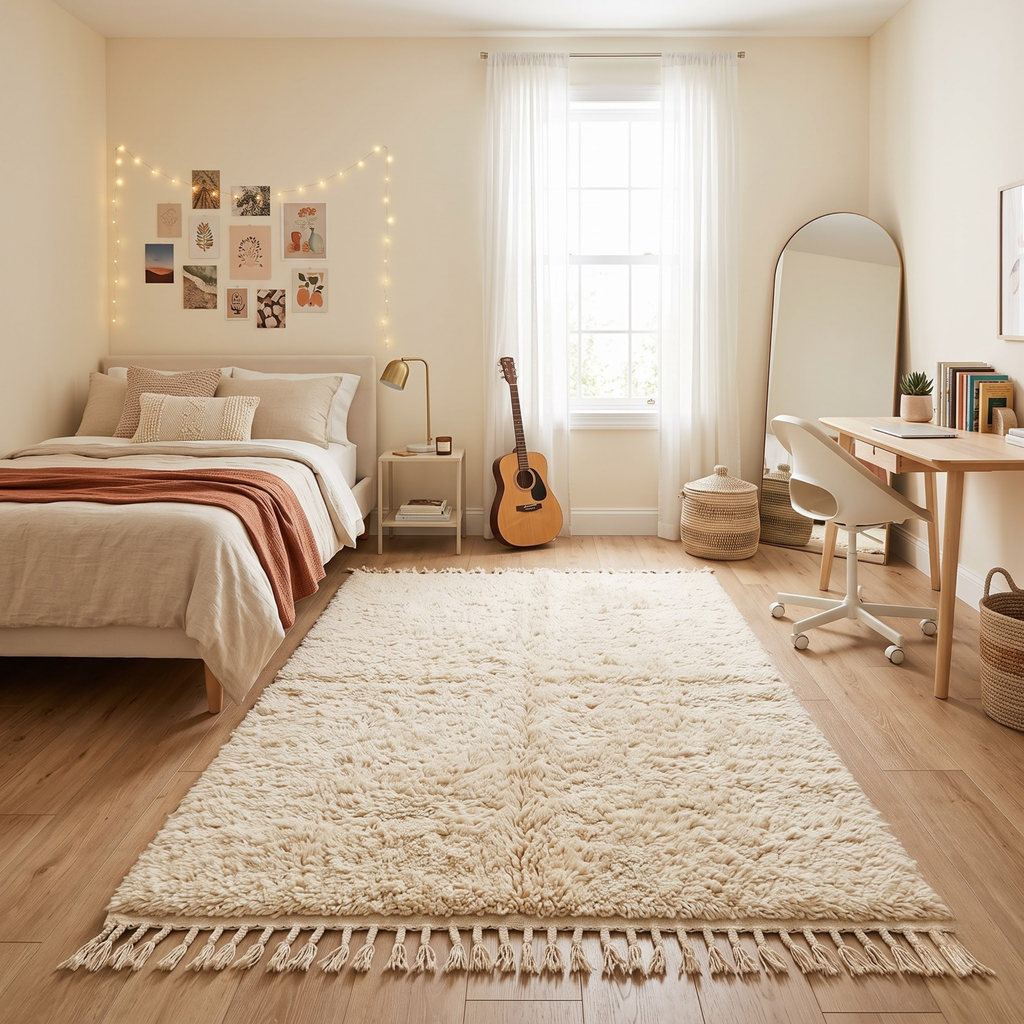 Handmade Moroccan Wool Rug Plain Beni Ourain Style | Solid Natural Sand & Cream High-Pile Atlas Carpet