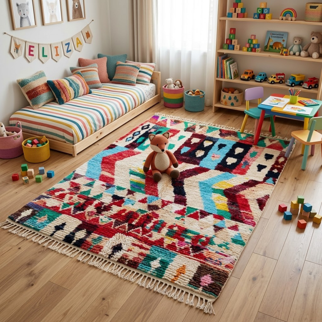Handmade Moroccan Wool Rug Azilal Style | Vibrant Multicolor Tribal Chevron & Talisman Atlas Carpet